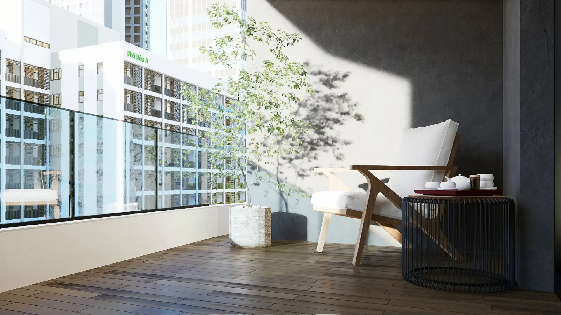 Balcon aménagé en salon avec vue urbaine, Résidence Wael