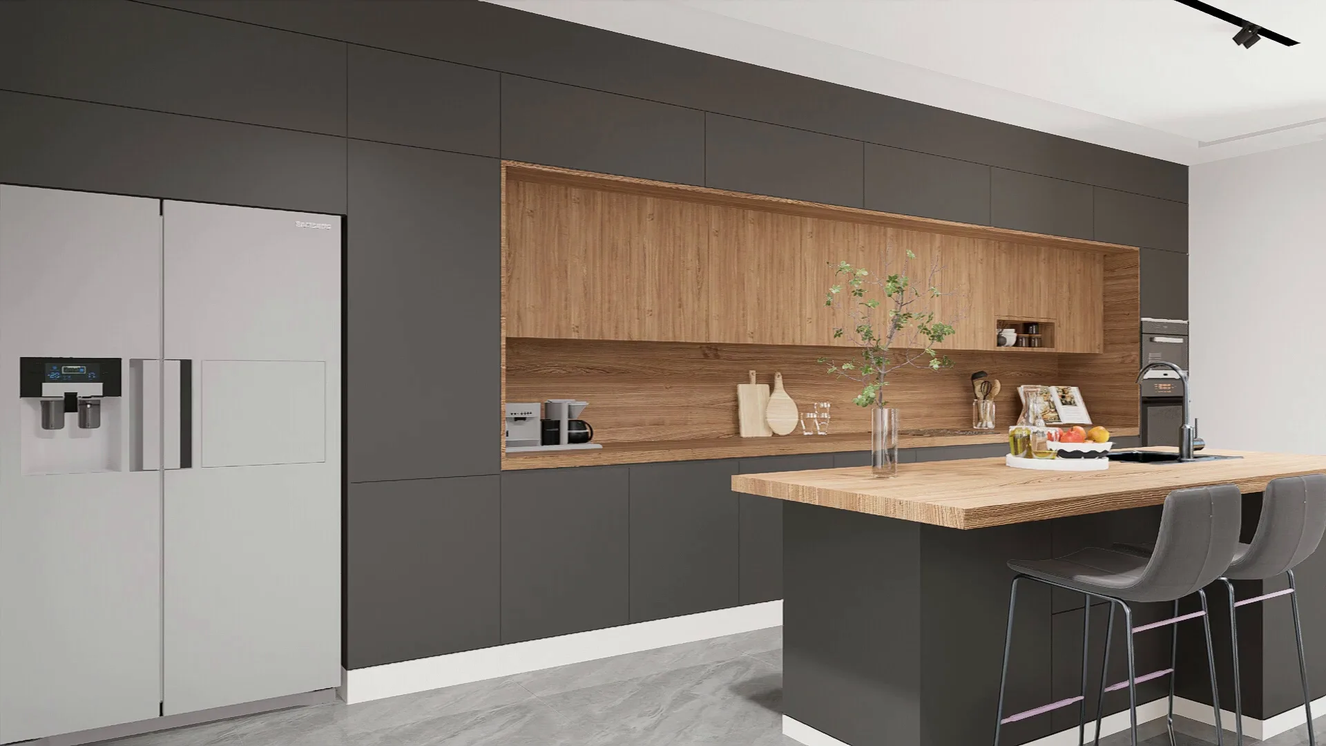 Cuisine moderne équipée aux finitions bois et anthracite
