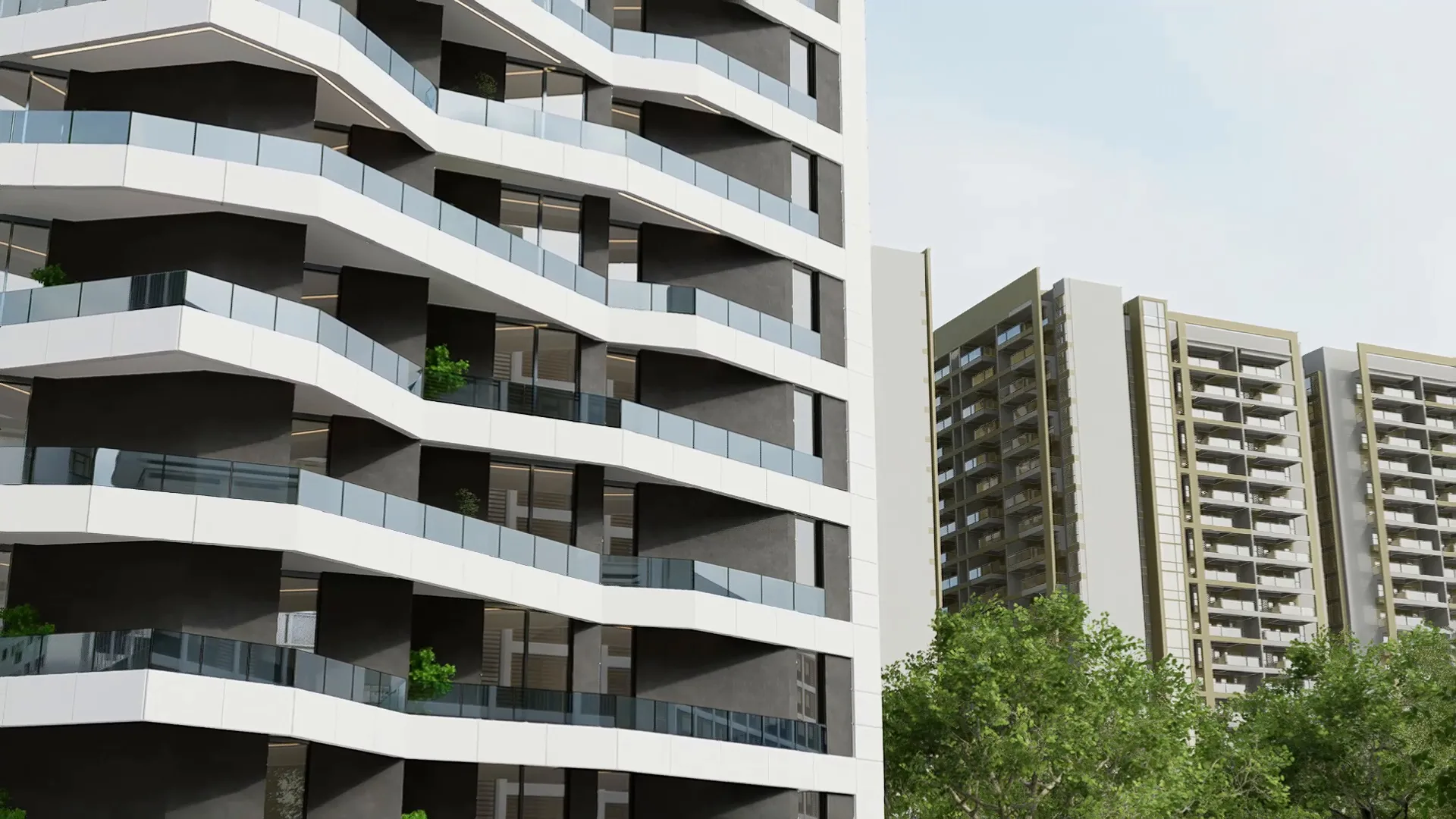 Détail des balcons ondulés de la façade de la Résidence Wael