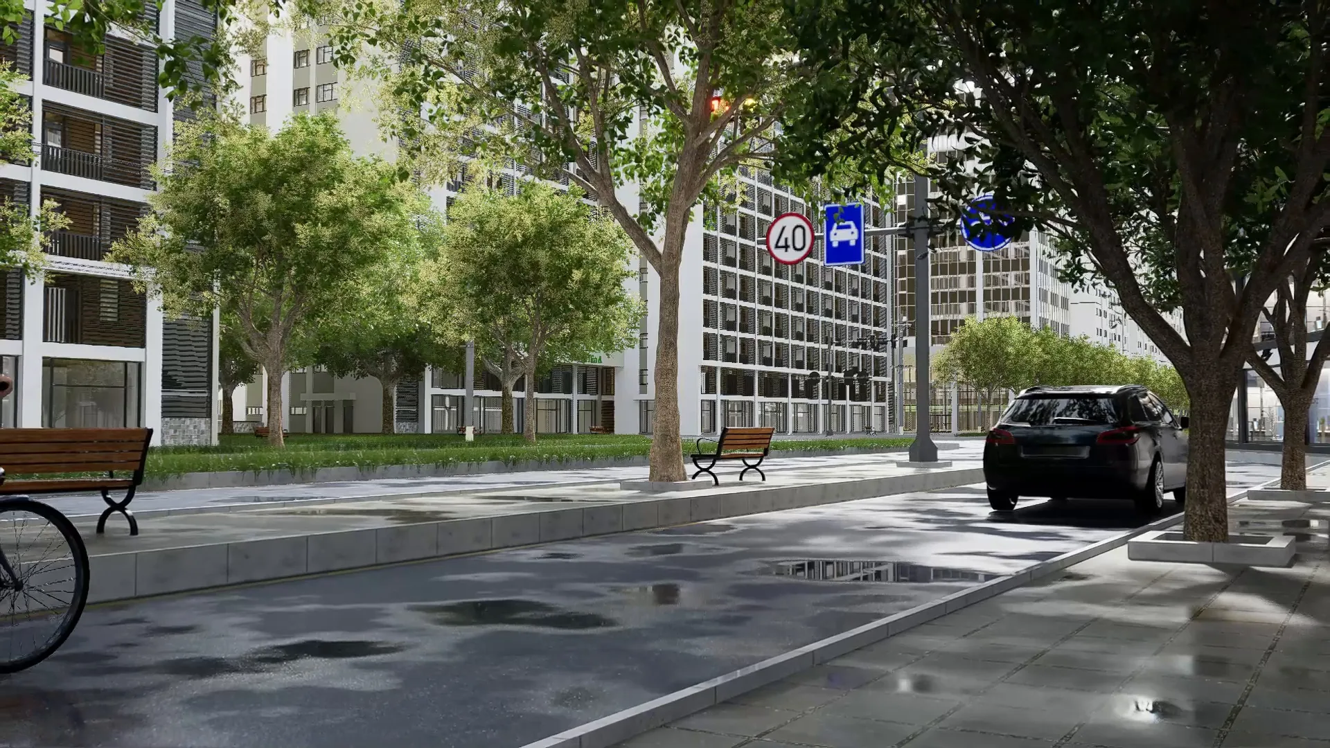 Rue paysagée et arborée au pied de la Résidence Wael